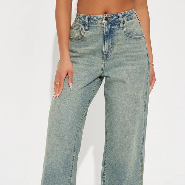 Vintage Wash Cuffed Wide Leg Jeans