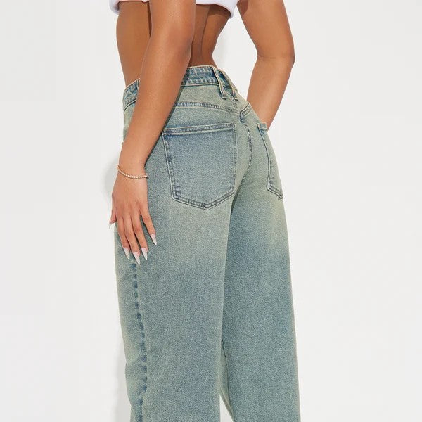 Vintage Wash Cuffed Wide Leg Jeans