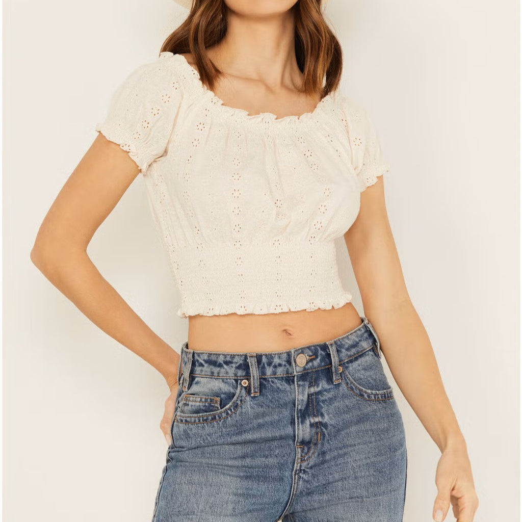Knit Eyelet Smocked Crop Top