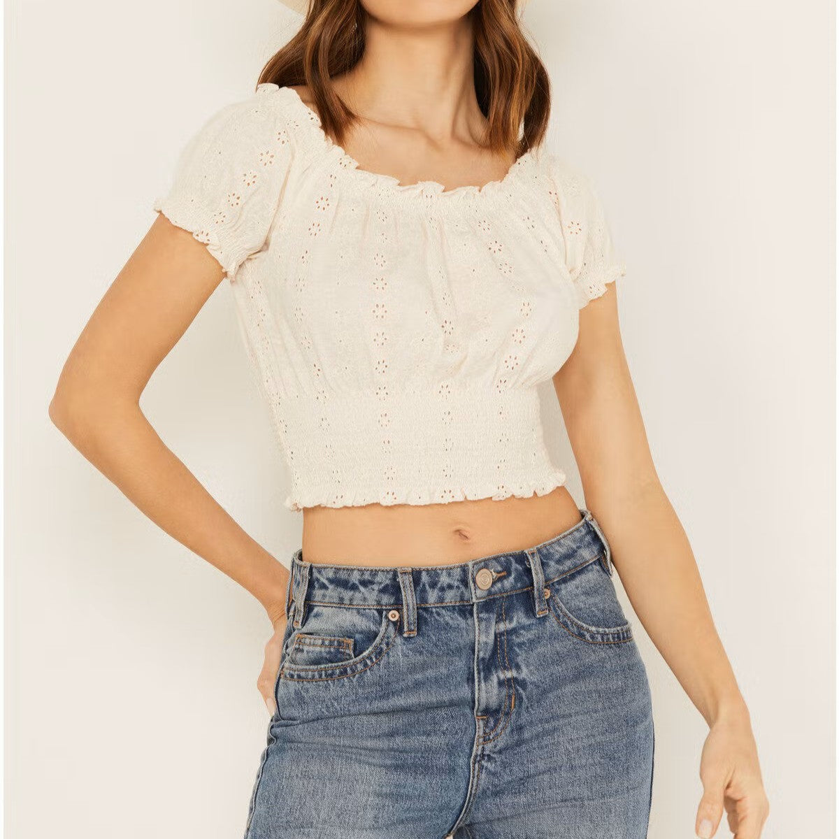 Knit Eyelet Smocked Crop Top