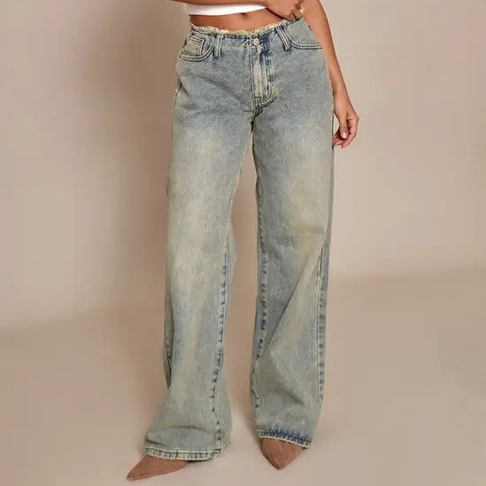 Petite Vintage Wash Fray Waist Low Rise Straight Leg Jeans