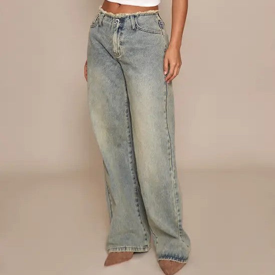 Petite Vintage Wash Fray Waist Low Rise Straight Leg Jeans