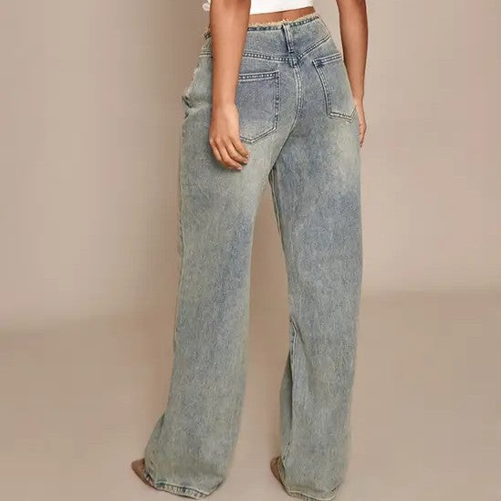 Petite Vintage Wash Fray Waist Low Rise Straight Leg Jeans