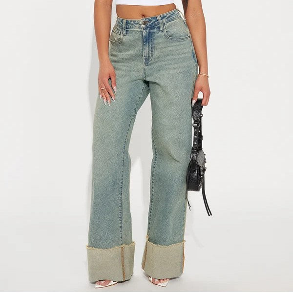 Vintage Wash Cuffed Wide Leg Jeans