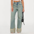 Vintage Wash Cuffed Wide Leg Jeans